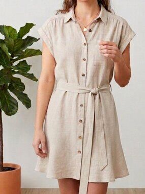 Monteau Mini Dress Linen Blend Beige Short Sleeve Tie Waist Size Small